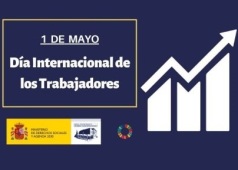 Icono de grafica de barras con flecha hacia arriba, texto del Dia Internacional de los Trabajadores, logotipo del Real Patronato y rueda de los ODS