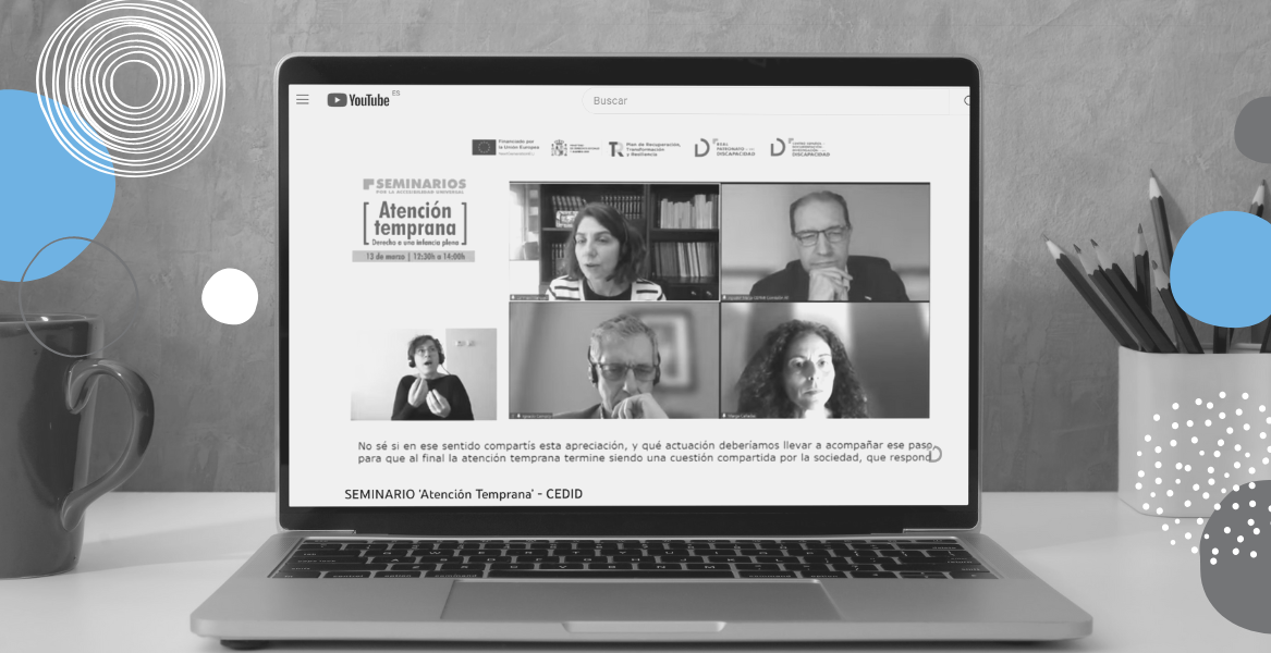 Captura de pantalla del seminario web, con todas los participantes, la moderadora y la intérprete de lengua de signos española