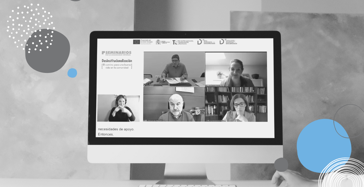 Captura de pantalla del seminario web, con todas los participantes, el moderador y la intérprete de lengua de signos española